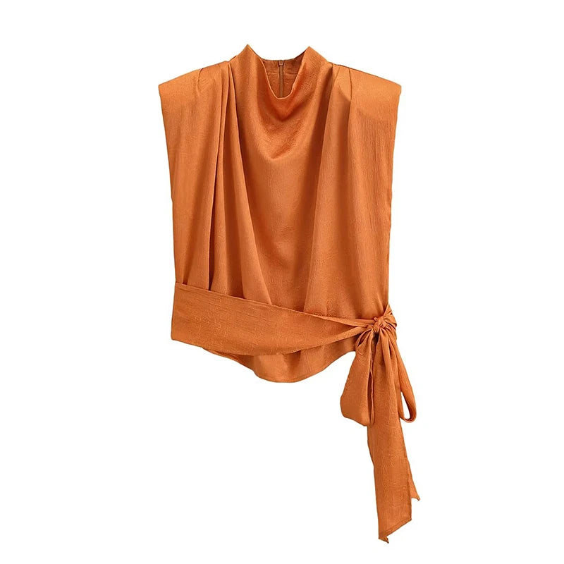 High Neck Sleeveless Satin Orange Blouse