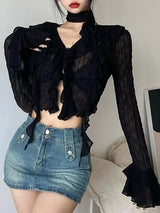 Black Mesh Cropped Blouse