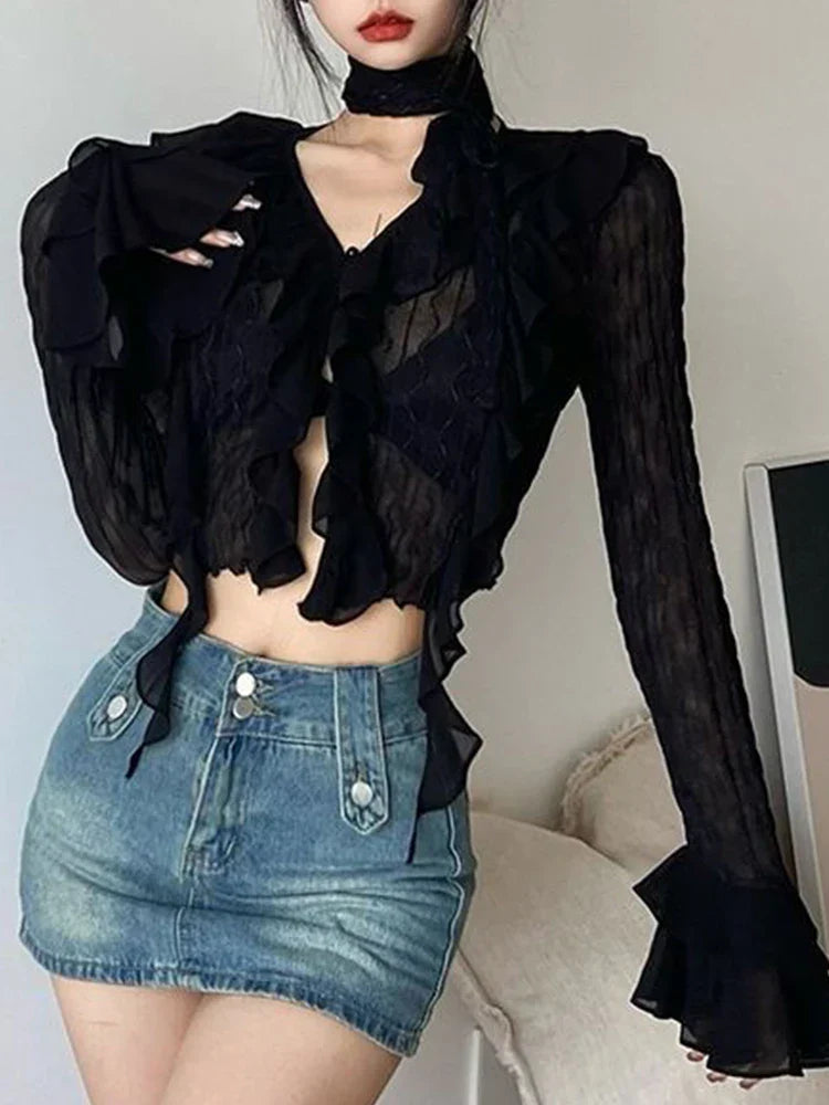 Black Mesh Cropped Blouse
