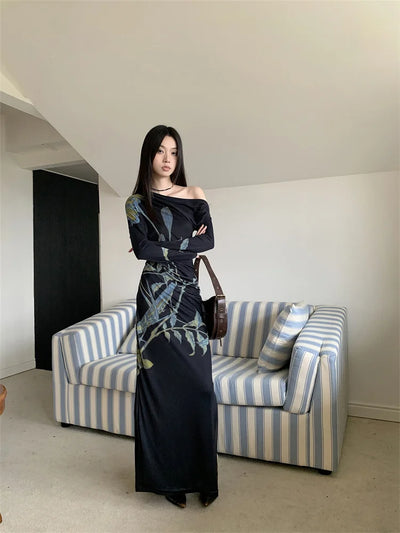 Dunkle Feen Maxi-Kleid mit Blumenmuster und einer Schulter
