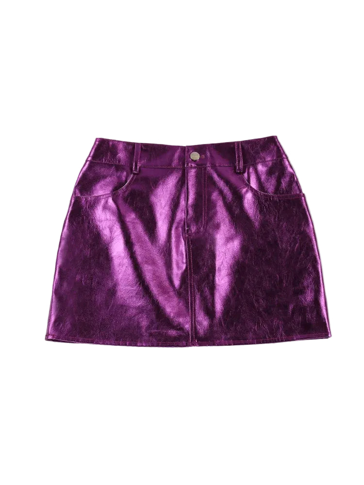 Pink Silver Reflective Shiny Leather Mini Skirts