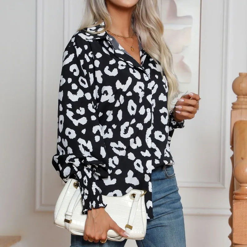 Camisa de manga farol delgada con estampado de leopardo