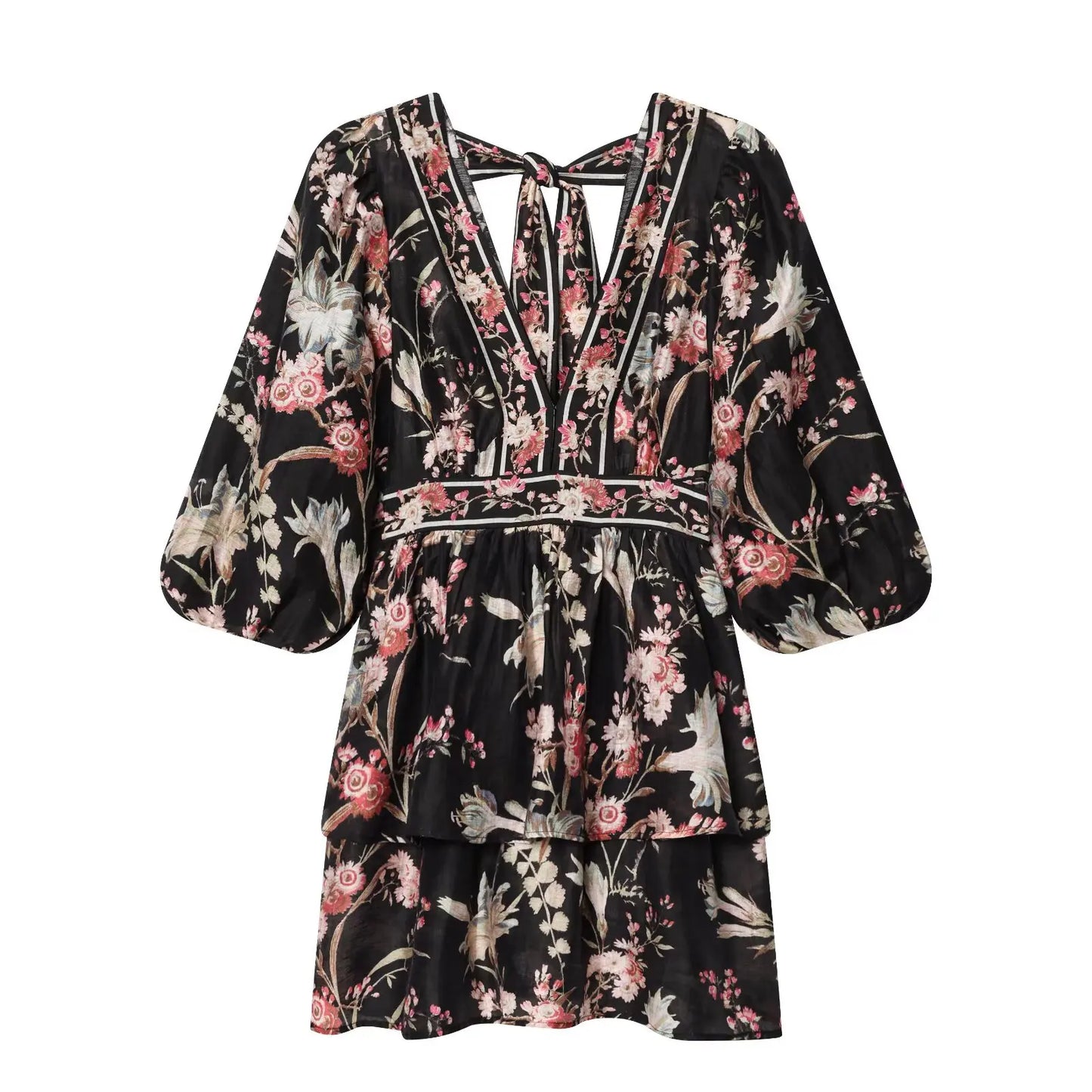 Vintage V Neck Floral Print Short Dress