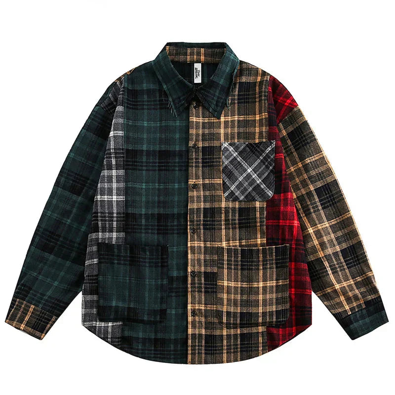 Long Sleeve Patchwork Plaid Retro Shirt