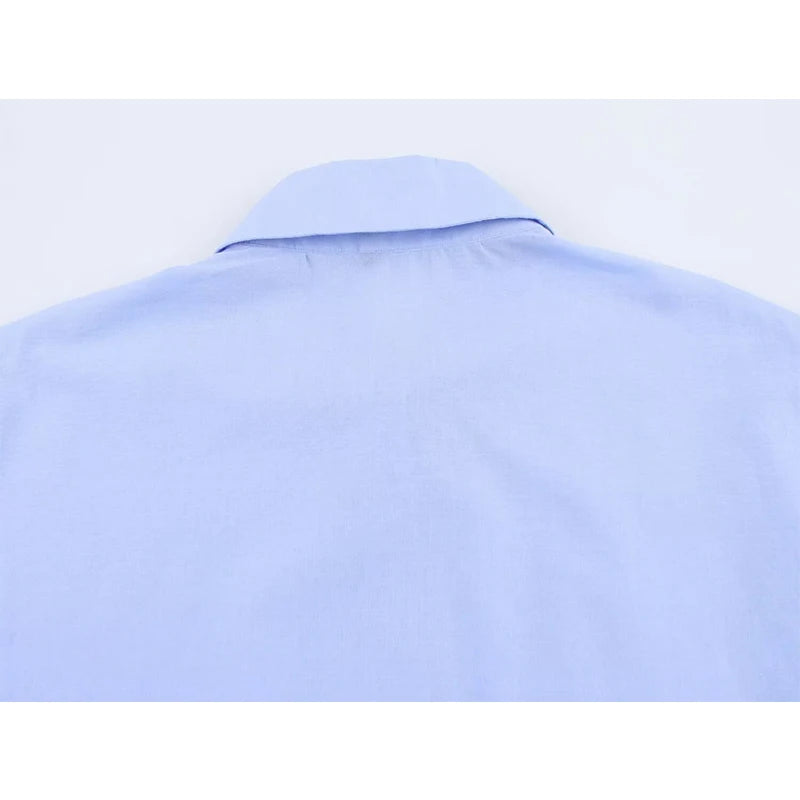 Hollow Out Embroidery Women Blue Shirt
