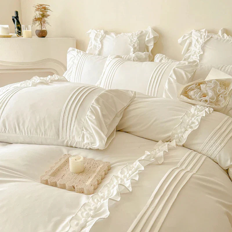 Cream White Princess Ruffles Bedding Set