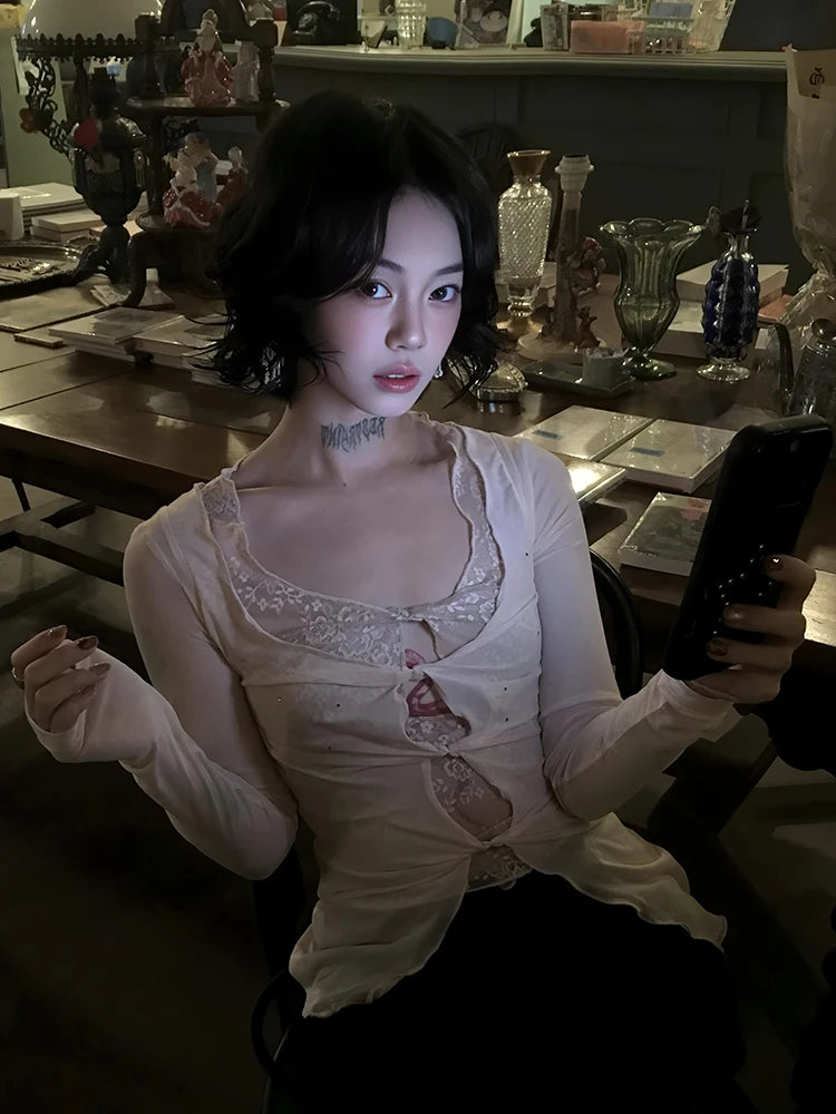 Front Tie Mesh Blouse