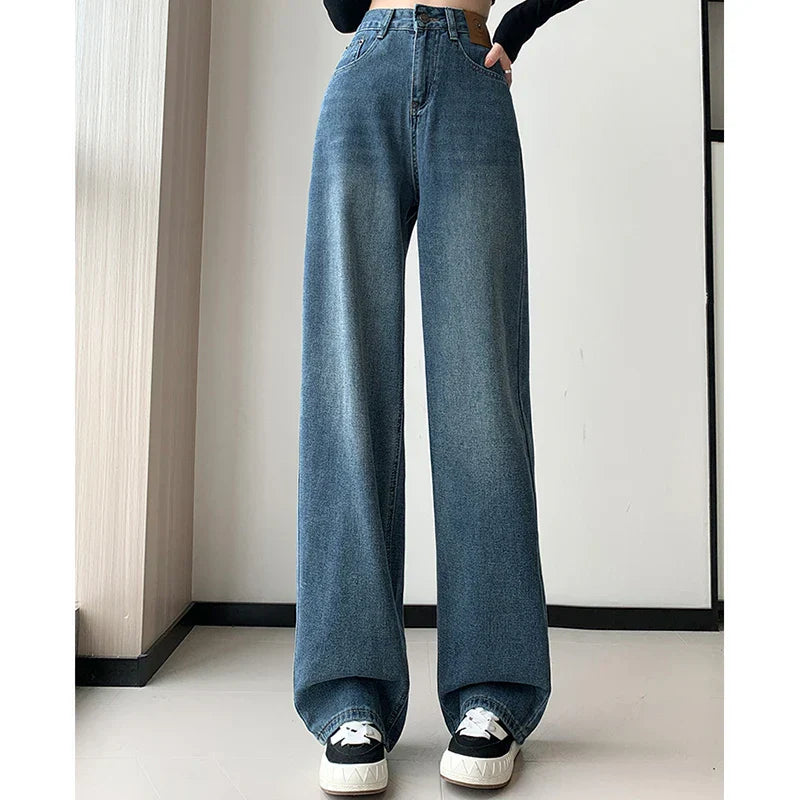 High Waist Vintage Blue Baggy Straight Jeans