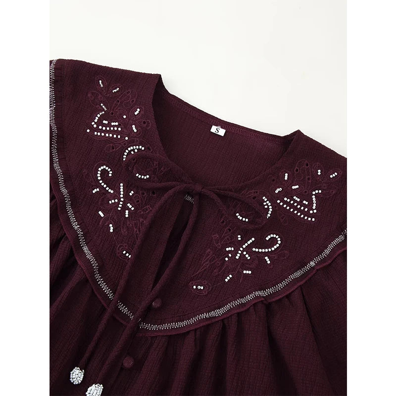 Beaded Embroidered Shirt Lace Up Blouses