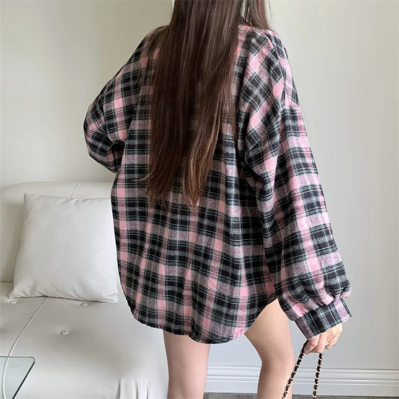 Plaid Oversized Collared Button-Up Dress T-Shirt