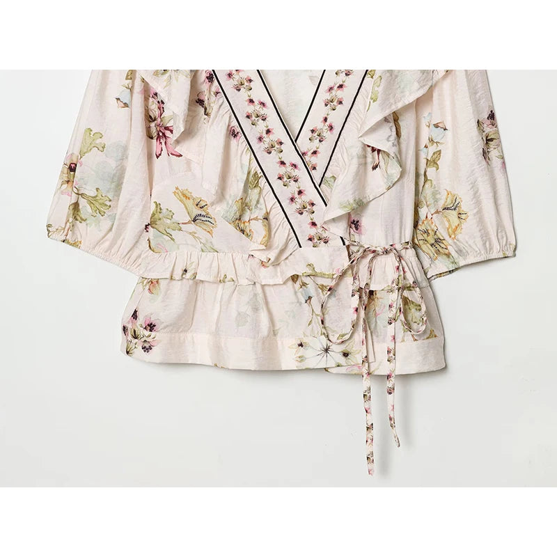 Floral Print Ruffle Wrap Vintage Blouse