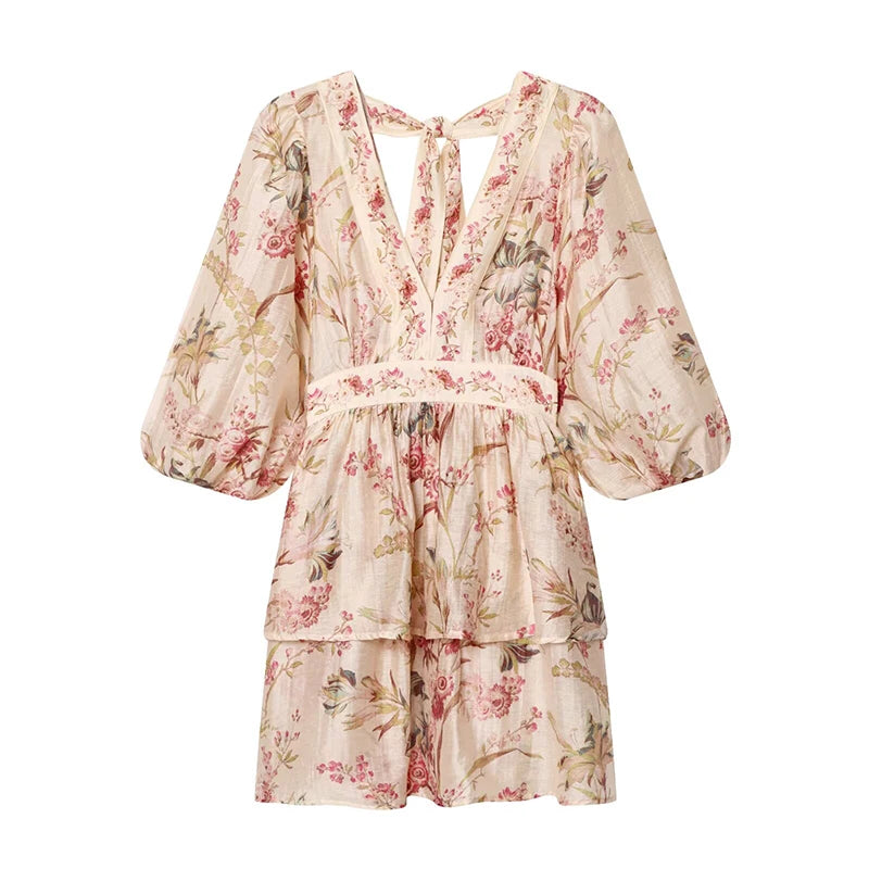 Vintage V Neck Floral Print Short Dress