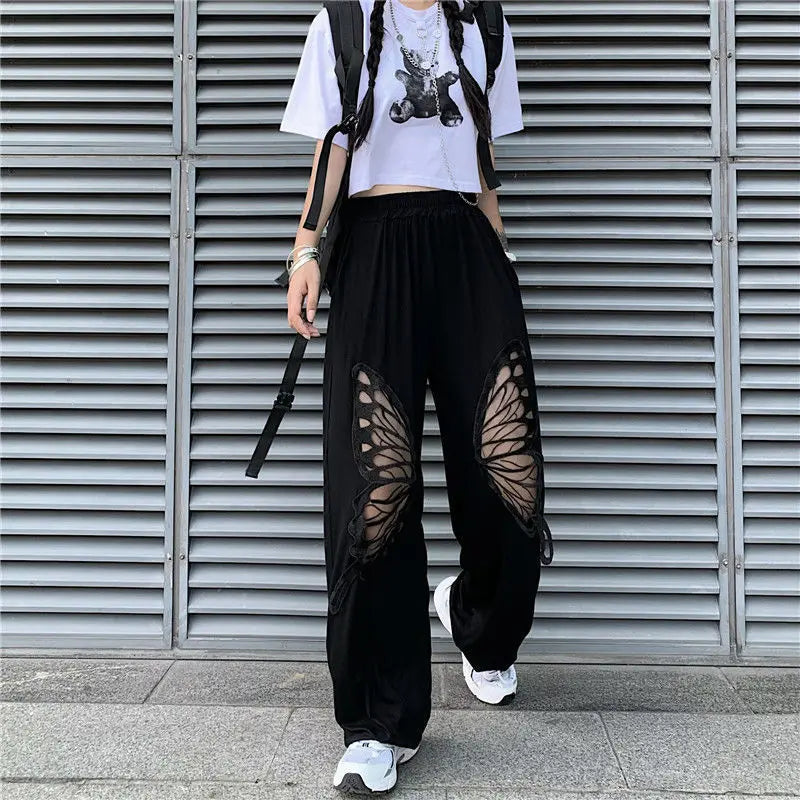 Butterfly Hollow Out Black Casual Pant