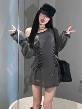 Slash Neck Acubi Smoke Lace Up Mini Dress