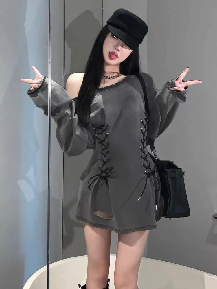 Slash Neck Acubi Smoke Lace Up Mini Dress