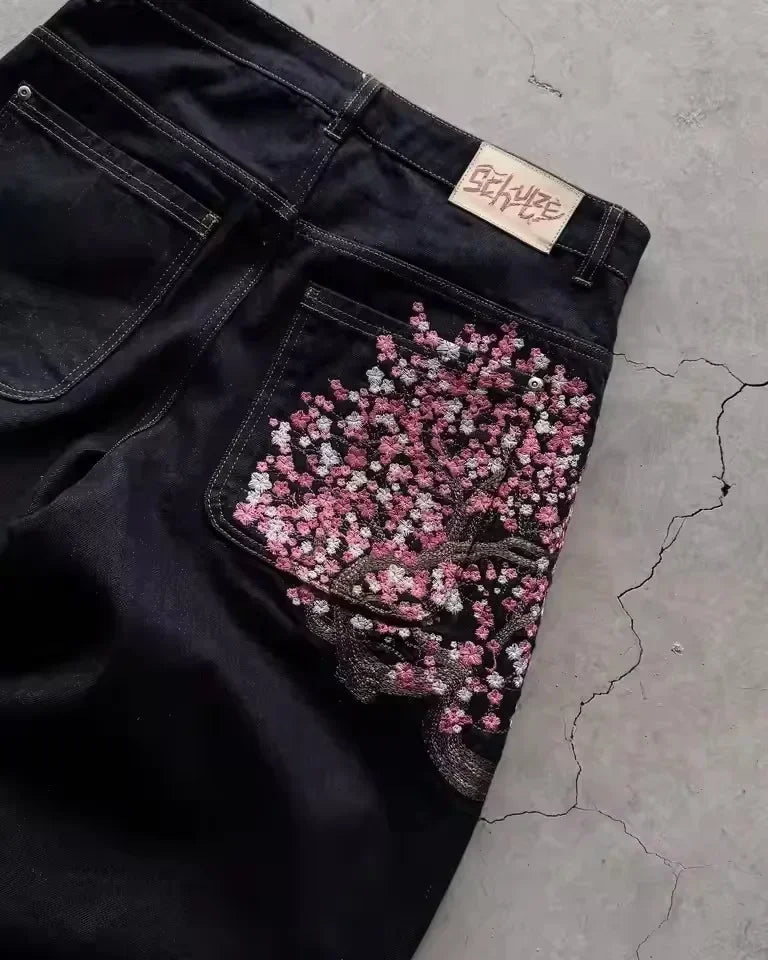 Y2K Low Rise Cherry Blossom Embroidery Jeans