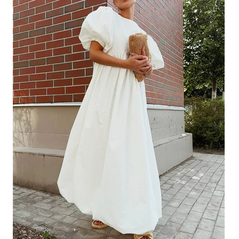 Puff Sleeve Bohemian White Boho Midi Dress