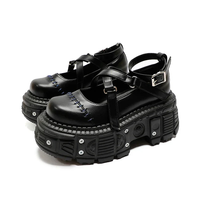 Cross Belt Black Leather Platform Shoes