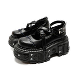 Cross Belt Black Leather Platform Shoes