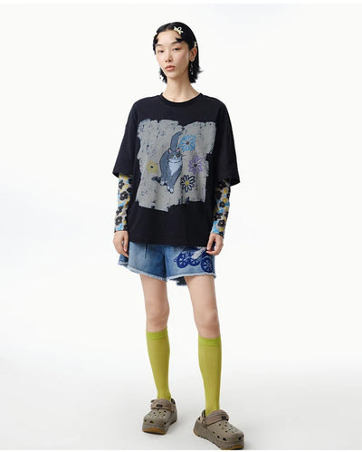 Double-sleeved Funny Animal Print Top
