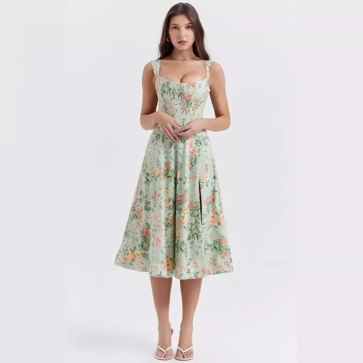 Vintage Floral Pattern Midi Dress