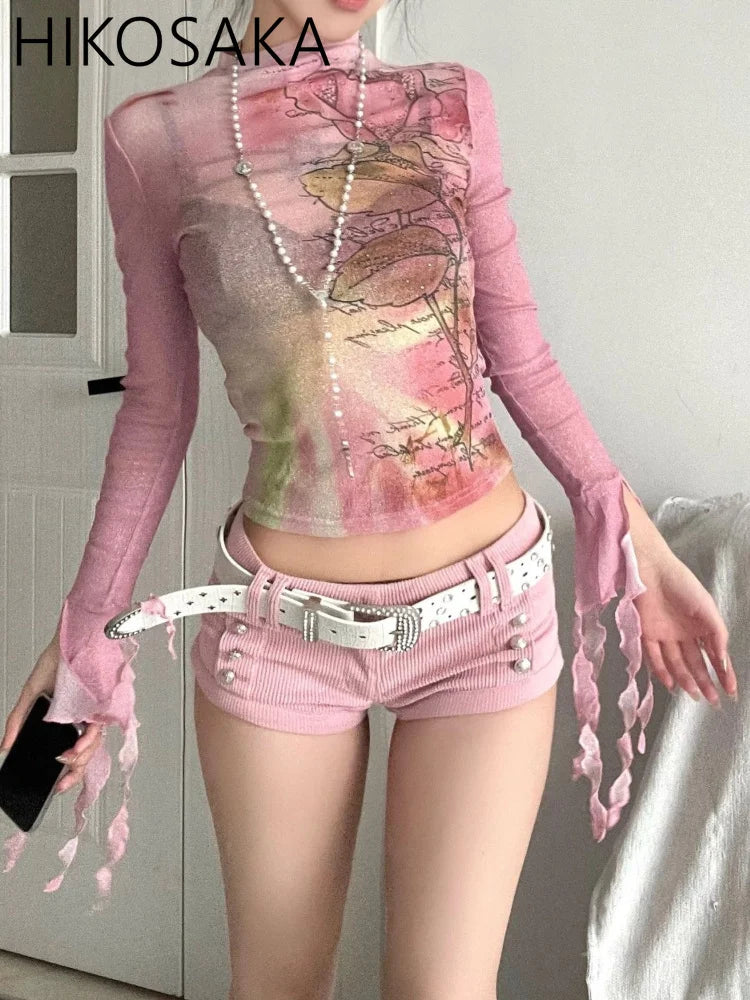 Fairycore Floral Ruffled Cuff Top