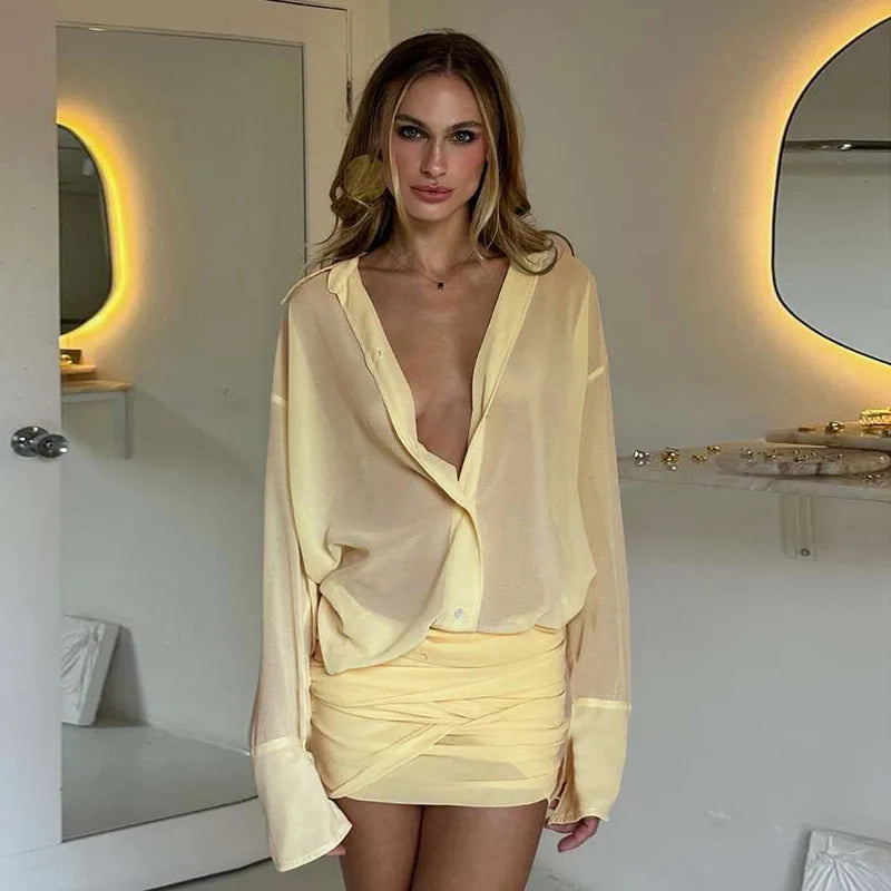 Shirt Style Flare Sleeve Sheer Mini Dress