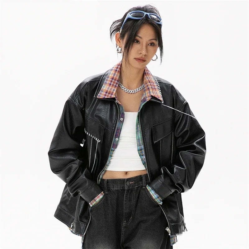 Black Synthetic Skin Rider Zip-up Leather Jacket