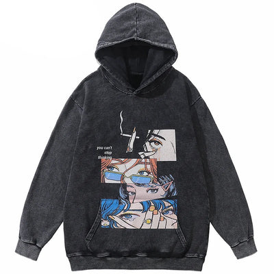 Washed Black Oversized Anime Hoodie