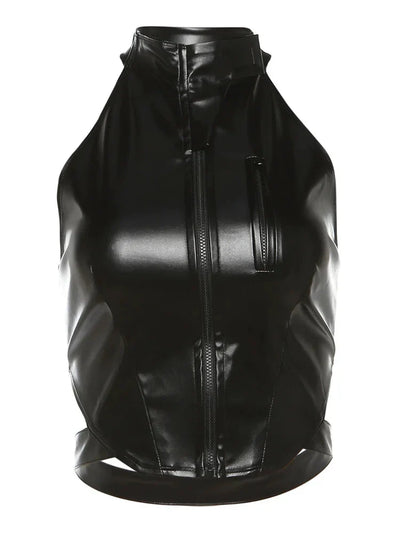 Cyperpunk Faux Leather Zipper High Neck Top