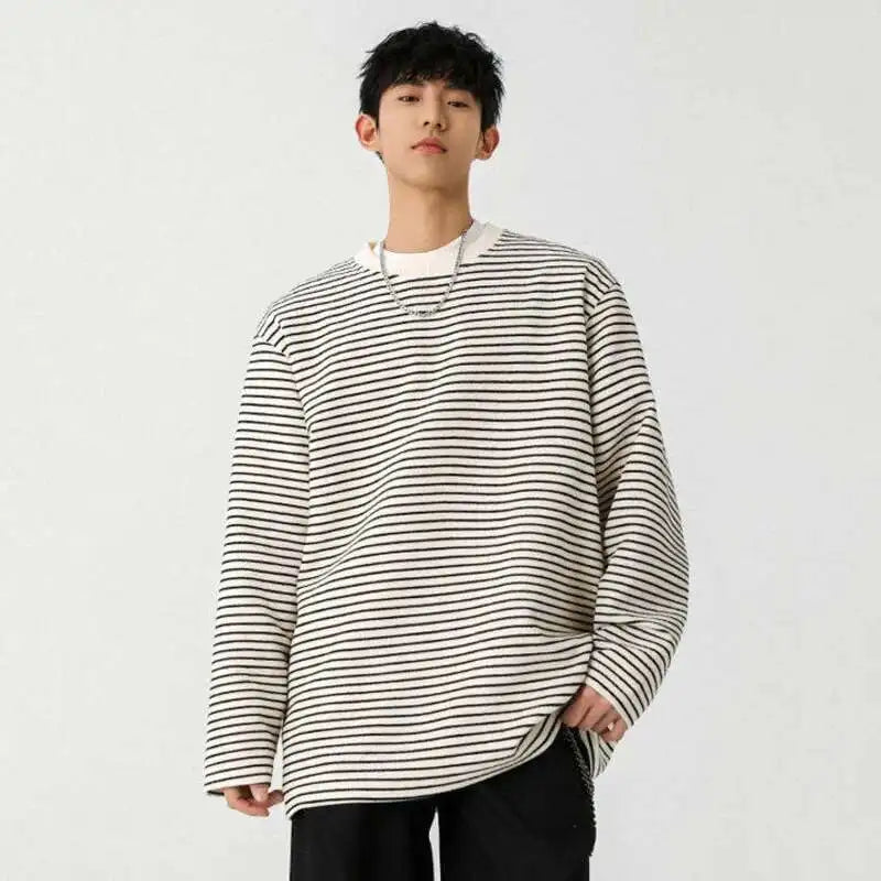 Korean Spring Striped Round Collar Casual T-Shirt