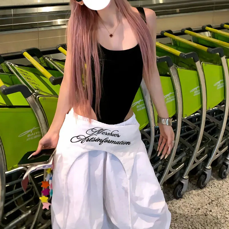 White Embroidered Parachute Pants
