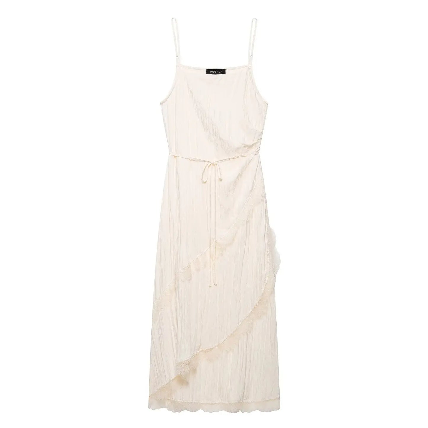 Beige Romantic Crinkled Wrap Slip Dress