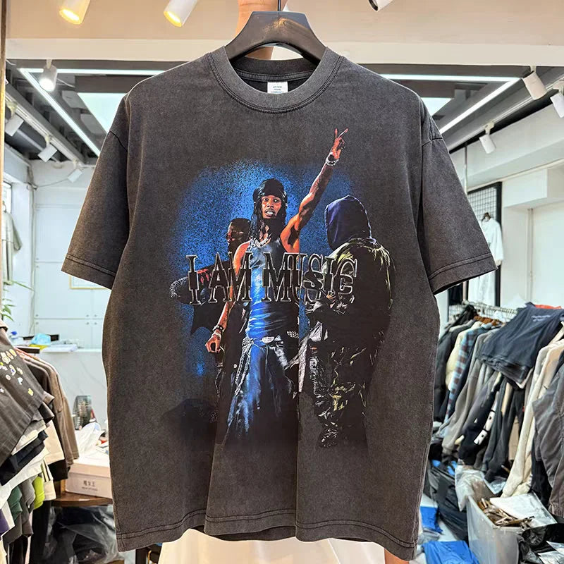 Vintage Washed Black Rock Singer Print T-Shirt