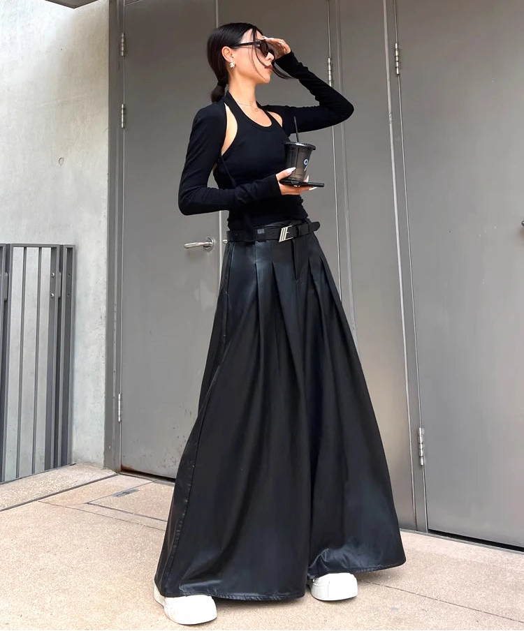 Luxury Long Pleated Black Leather Maxi Skirt