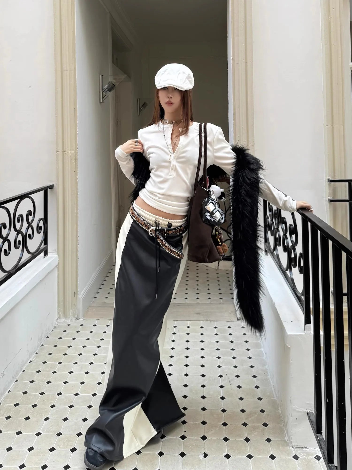 Patchwork Leather Straight Skirt