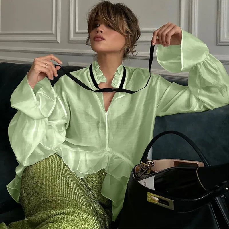 Transparent Ruffle Long Sleeve Coquette Blouses