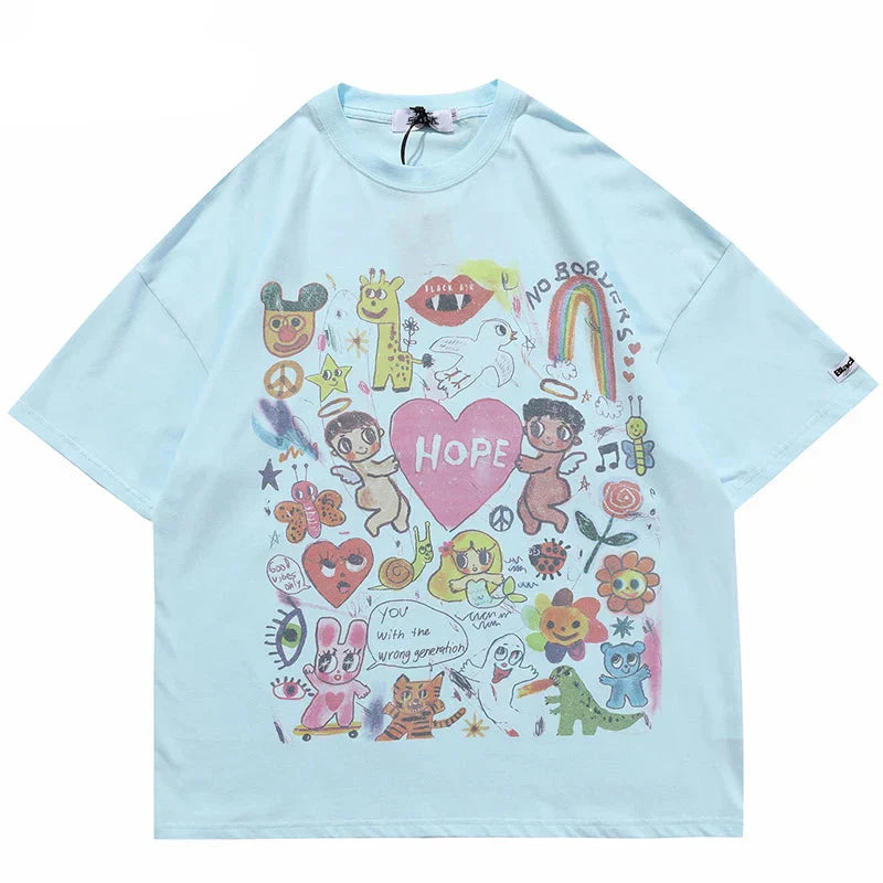 Rainbow Heart Angels Print Oversize T-Shirt